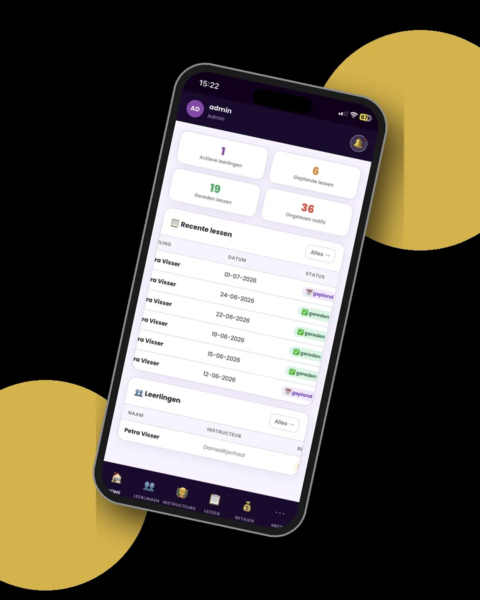 Rijschool Dashboard op mobiel